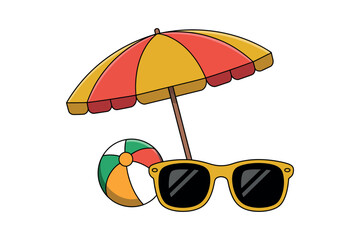 A cartoon image of a beach umbrella, sunglasses, and a beach ball on white background