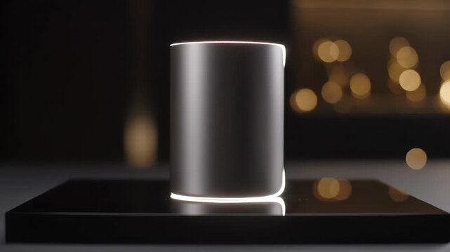 Tall matte metal cylinder with sequential glowing light effect. Modern illumination design on dark reflective base for contemporary decor concept.