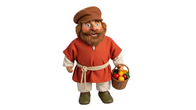 Isolated Character puppet carrying a basket of fruits, a charming character, fantasy doll