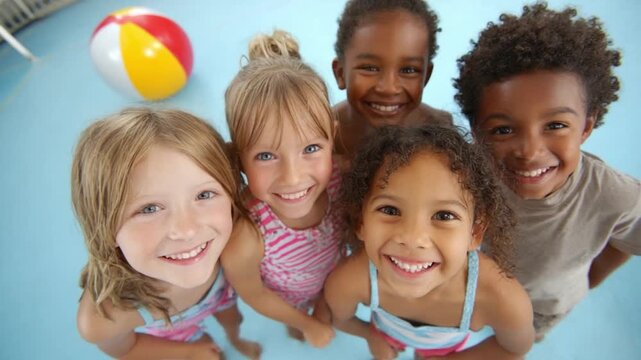 Childhood Bliss: A group of cheerful children, their faces beaming with innocent delight, surrounded by a beach ball, epitomizing the carefree spirit of youth and the simple joys of play.