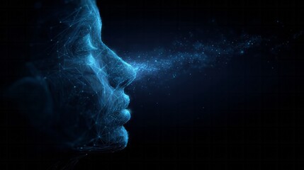 Digital representation of human respiration expelling glowing particles into darkness