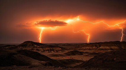 Jagged lightning bolts electrify an orange-red sky over a dramatic desert landscape during a violent thunderstorm, illuminating rugged hills.