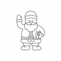 Simple line art illustration of a cute cartoon Santa Claus waving and holding a Christmas gift, perfect for Merry Christmas holiday designs and coloring pages.