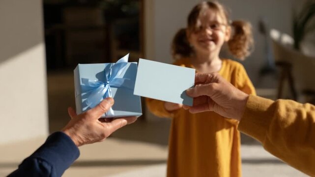 Gift of Joy: A heartwarming moment unfolds as a child receives a thoughtful gift, filled with anticipation and happiness. The scene captures the pure joy of giving and receiving.