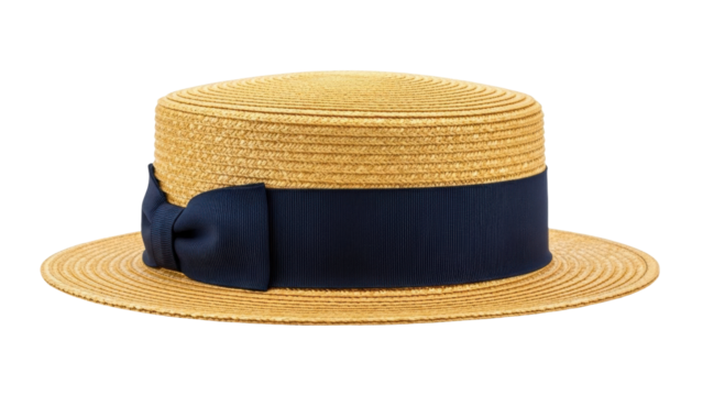 Isolated straw boater hat with navy blue ribbon, classic summer headwear, fashionable style