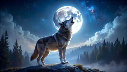 Majestic Wolf Howling at Full Moon in Enchanting Forest Night.