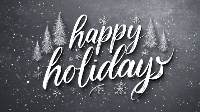 Happy holidays greeting card with snowy trees and falling snow on dark background - Powered by Adobe