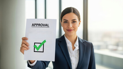A confident businesswoman holding a document displaying 'APPROVAL' with a vibrant green checkmark, symbolizing successful business plan endorsement and registration.
