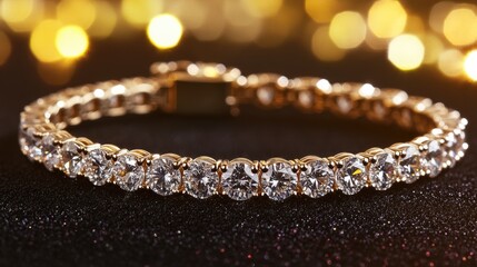 Dazzling Diamond Bracelet: Golden Setting, Sparkling Gems on Glittering Black Surface with Bokeh Lights