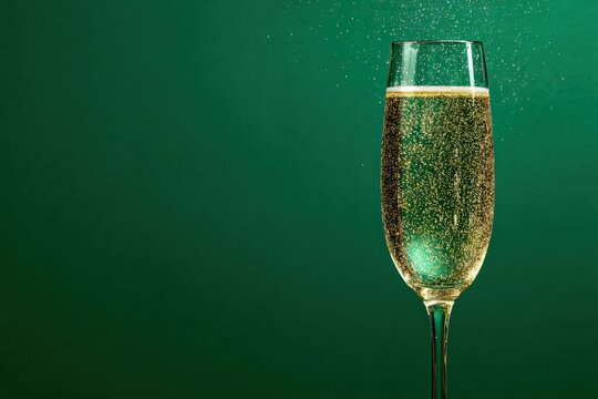 Sparkling champagne flute with bubbles on a vibrant green background