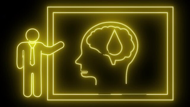 A neon style drawing shows a person gesturing to a brain with a teardrop inside framed by rectangles against a black background