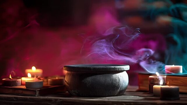 Mysterious cauldron with colored smoke and candles on wooden table