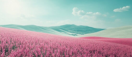 Dreamy Pink Flower Field and Rolling Hills Under Pastel Sky