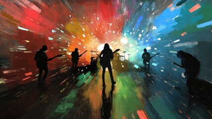 Dynamic Band Silhouettes on Stage Amidst Explosive Rainbow Light Digital Painting