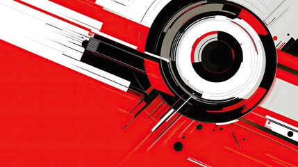 Dynamic Abstract Composition: Red, Black, White, and Grey Geometric Forms with Radial and Linear Elements