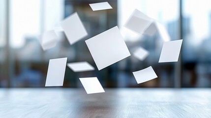 Close-up of blank paper sheets floating in the air above a wooden surface, with a blurred office background.