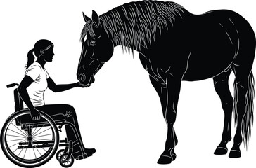 Woman in wheelchair interacting with horse, disability inclusion, animal connection, therapy symbolism, compassionate bond, caring moment, empowerment
