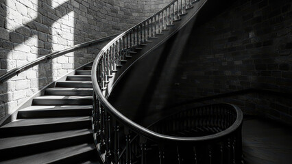 Dramatic black and white photograph of an elegant spiral staircase bathed in sunlight, casting sharp shadows across rough stone walls, highlighting contrast.