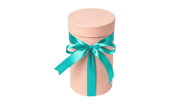 Isolated gift in a round box with a bright blue ribbon, surprise for a holiday party