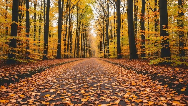Symmetrical Autumn Forest Path with Golden Yellow Foliage and a Carpet of Fallen Leaves. - Powered by Adobe