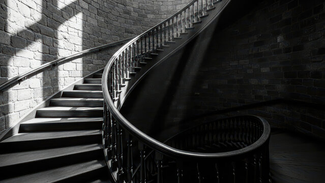 Dramatic black and white photograph of an elegant spiral staircase bathed in sunlight, casting sharp shadows across rough stone walls, highlighting contrast.