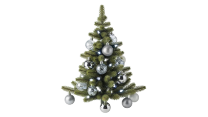 Isolated Christmas tree with silver ornaments and lights for the holiday season indoors