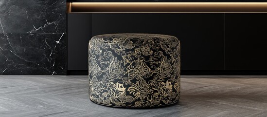 Elegant Black and Gold Patterned Ottoman in a Luxurious Modern Interior with Marble and Warm Lighting.