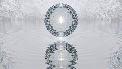 A slowly rotating, planet-sized diamond orb levitates above shimmering silver water, reflecting intricate fractal patterns.