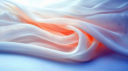 Abstract image of flowing fabric in shades of white, orange and blue. The fabric is arranged in swirling patterns and illuminated with soft, diffused lighting.