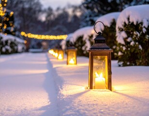 Winter wonderland scene with lanterns illuminating a snowy path at dusk