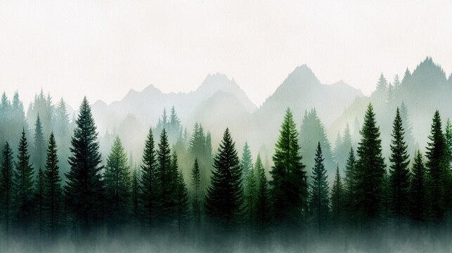 Watercolor painting of a forest with pine trees and mountains in the background, with a misty atmosphere.