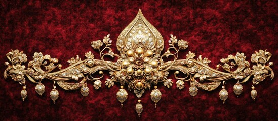 Exquisite Ornate Gold Filigree Crown Ornament Adorned with Diamonds on Rich Red Velvet Background