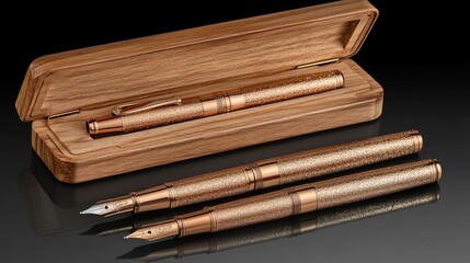 Exquisite Rose Gold Fountain Pens in Wooden Box, Reflective Surface, Luxury Writing Instruments