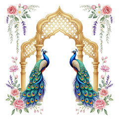 Golden Archway with Two Peacocks and Floral Embellishments on White roses lavender isolated on a transparent background
