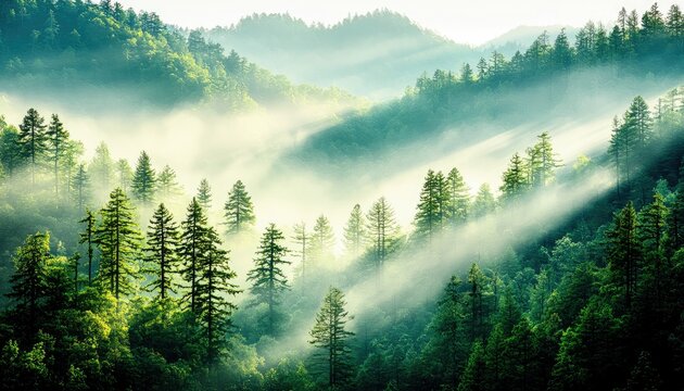 A scenic view of a forest with tall trees and fog, illuminated by sunlight filtering through the trees, creating a serene and natural landscape. - Powered by Adobe