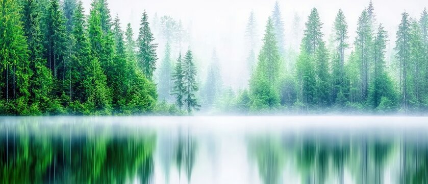 A tranquil landscape featuring a forest of green trees reflected in a calm lake, with a foggy atmosphere.