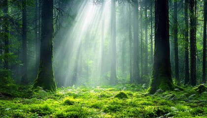 Obraz premium A vibrant forest scene with tall trees, lush green moss and grass, and bright sunbeams shining through the canopy, creating a magical atmosphere.