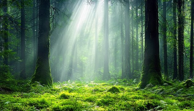 A vibrant forest scene with tall trees, lush green moss and grass, and bright sunbeams shining through the canopy, creating a magical atmosphere.