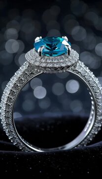 Close up of luxurious platinum diamond ring featuring a large cushion cut blue topaz gemstone on dark background