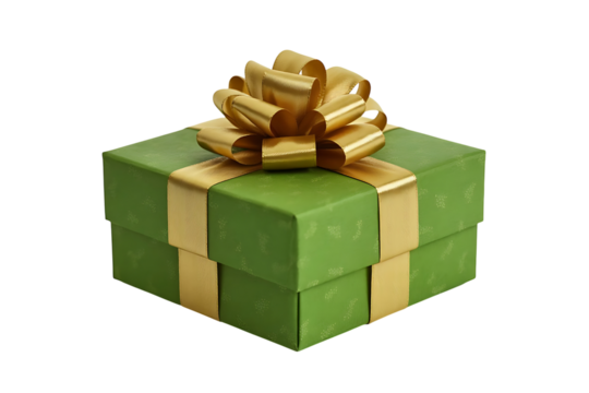 Green gift box with golden ribbon isolated on transparent background for christmas