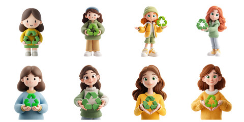Fototapeta premium Claymation girl with recycle icon transparent mockup isolated png with no background.