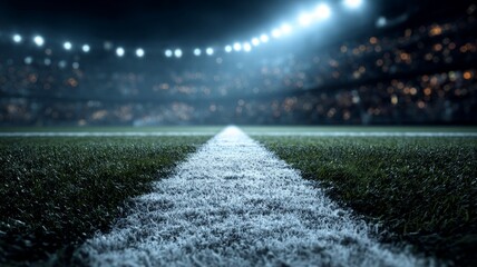 Vivid night view of football field under bright lights. Central line draws focus, surrounded by lush green grass. Stadium atmosphere enhanced by glowing spectators. Neural network AI generated