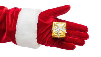 Isolated Santa Claus holding a present in his hand, Christmas seasonal gift, festive holiday