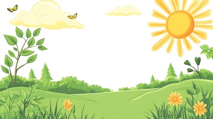 Obraz premium Bright sunny landscape features rolling green hills, vibrant foliage, and clear skies