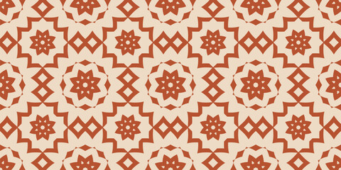 Vector seamless pattern with oriental geometric floral tiles. Ethnic arabesque texture with traditional star medallions, moroccan ornament. Terracotta and beige background. Repeated design for decor