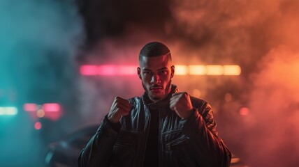 Confident young man in black leather jacket posing with fists raised on a neon-lit city street at night, cinematic 1980s nightlife vibe