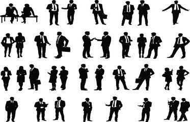 Business people silhouettes set, corporate professionals, office workers, teamwork poses, standing groups, communication scenes, leadership concepts, vector collection illustration
