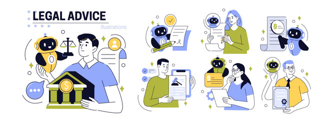 Legal advice ai service set. Robot assistant and people characters working together to analyze legal documents, review laws and sign contracts. Vector doodle illustration.