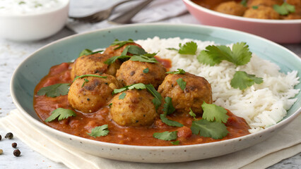 Fototapeta premium Kofta Meatballs with White Rice – Traditional Pakistani Dish Garnished