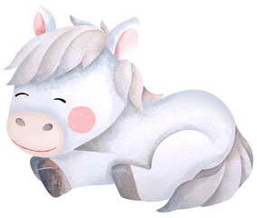 Cartoon of a white horse sleeping.Hand drawn with watercolor.Cute animal character.
